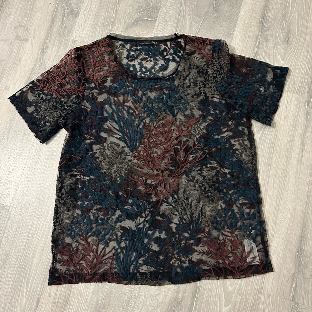 Zara Sz S Women’s Black Mesh Floral Embroidered Tulle Sheer Top - Picture 5 of 10
